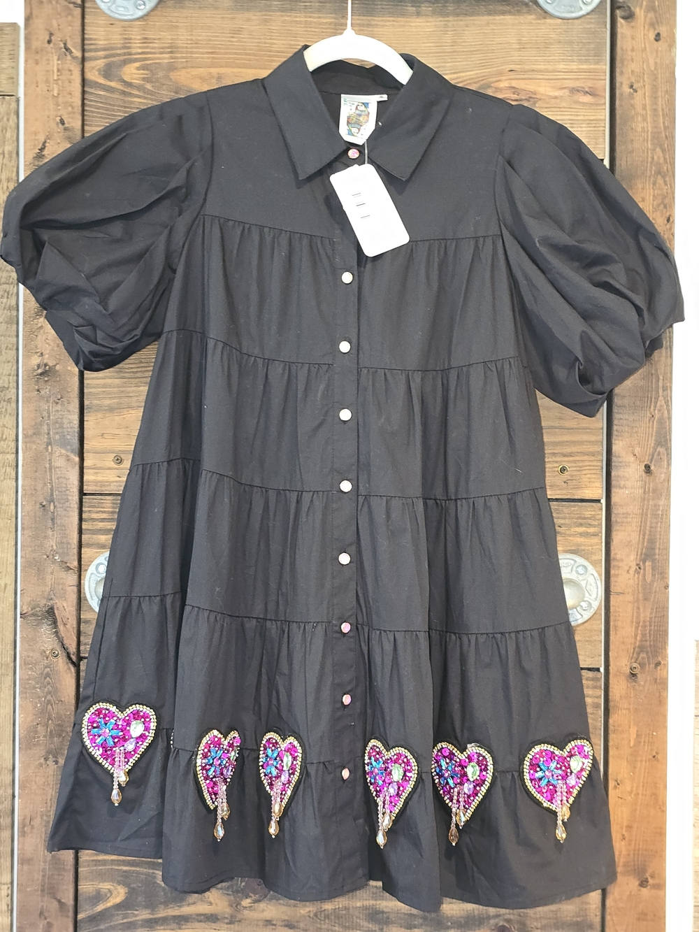 QUEEN OF SPARKLES Black Tiered Mini Dress with Sequin Heart Embellishments